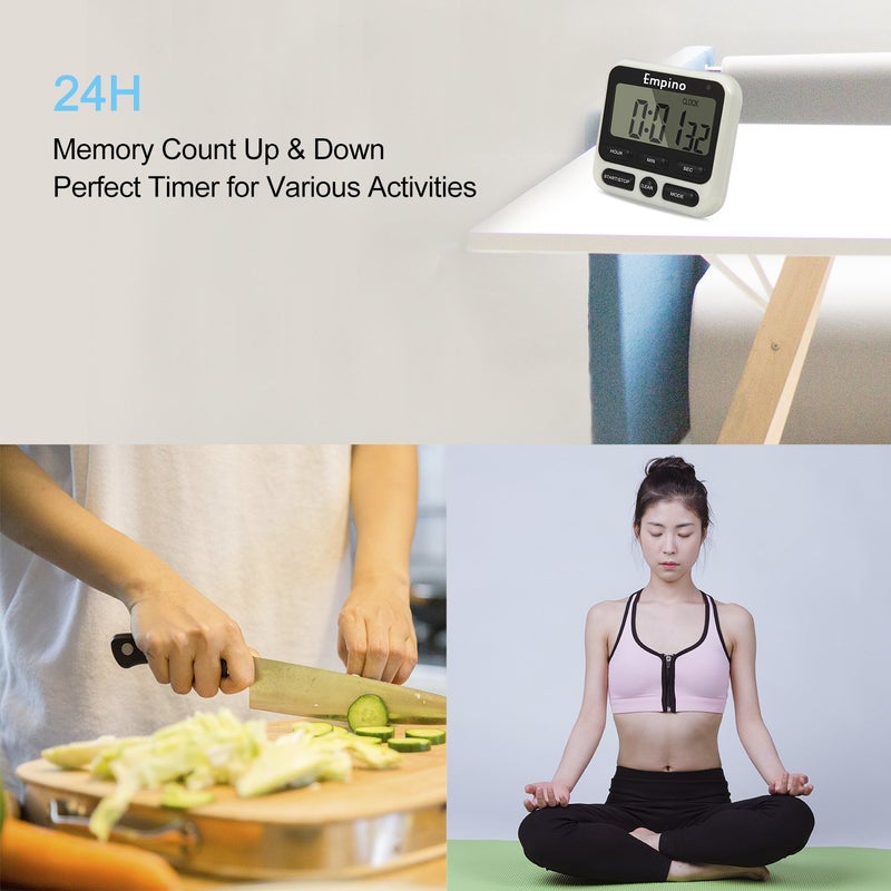 Empino Digital Kitchen Timer - Empino Upgraded 24-Hours Cooking Timer Clock Countdown Multifunction with Big Digits, Loud Alarm, Magnetic Backing Stand, and Memory for Cooking Baking Exercise, White - Image 2